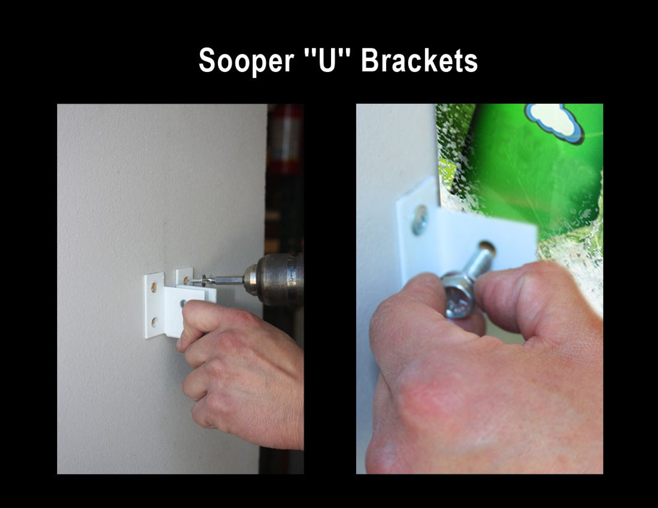 A step-by-step view of the installation process. The photo shows a sign being mounted securely using the Sooper "U" Brackets, demonstrating how the brackets attach the solid substrate between posts.