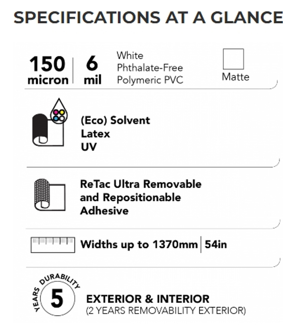 Specifications of DryTac ReTac Textures
A close-up shot displaying the technical specifications of DryTac ReTac Textures embossed wallcovering film. The image shows the film’s thickness (150μ or 6 mil), finishes available (canvas, sand, linen, woodgrain), and the compatibility with various printing technologies (eco-solvent, UV, latex). It also highlights the film’s ultra-removable adhesive technology, emphasizing its repositionable and residue-free application on walls, windows, and other surfaces.