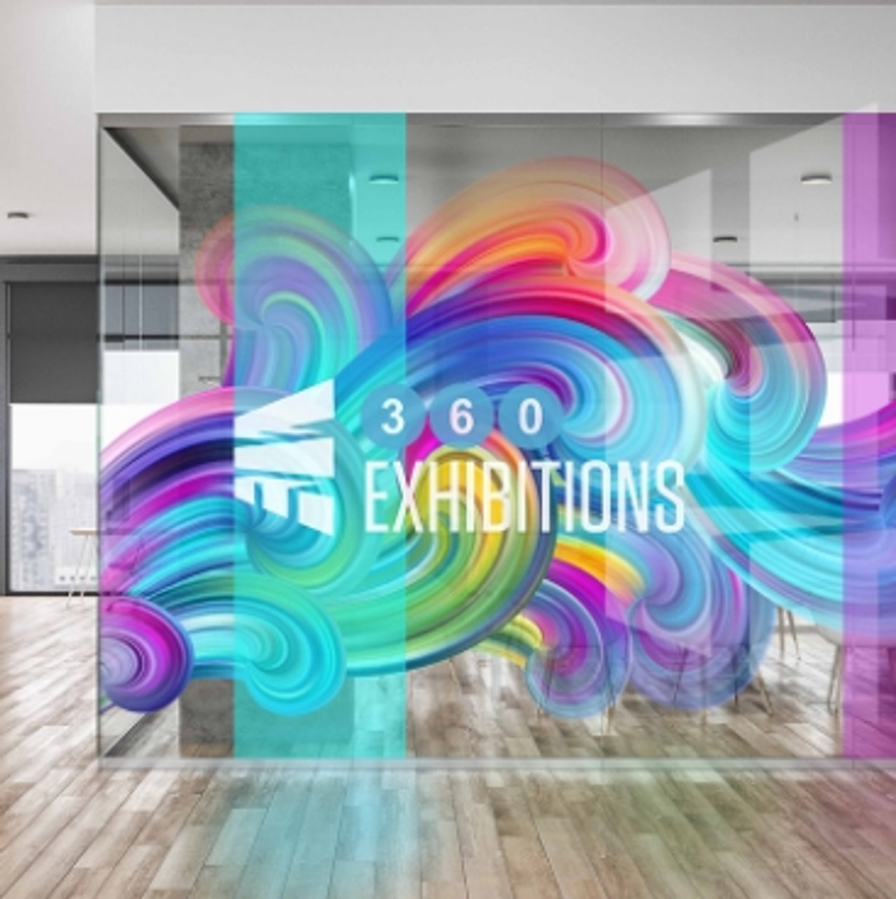 ViziPrint Deco + Film on Office Window: An office window covered with the ViziPrint Deco + high-quality clear window film, displaying vibrant, full-color graphics. The film adheres smoothly to the glass surface, creating a bright and eye-catching design that enhances the office environment. The image showcases the film’s clarity and its ability to provide a flawless, bubble-free application, perfect for creating dynamic and professional-looking architectural details or privacy screens.