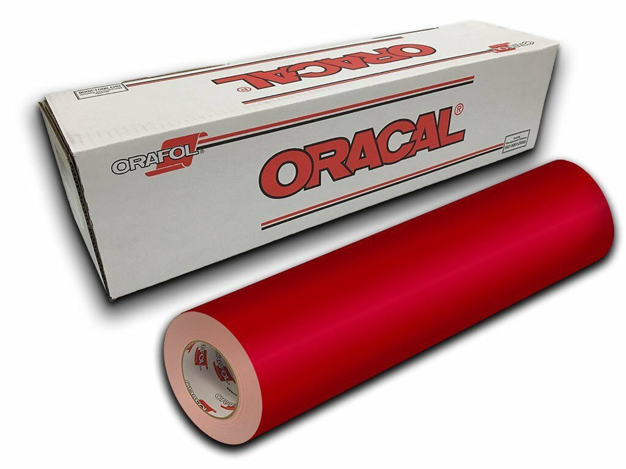 Roll of ORACAL® 751RA Vinyl:
A neatly rolled ORACAL® 751RA High Performance Cast Film, with the vibrant red color and gloss finish visible on the outer layer. The edge of the roll highlights the film's ultra-thin, premium 2-mil thickness, with a clear backing layer visible underneath.