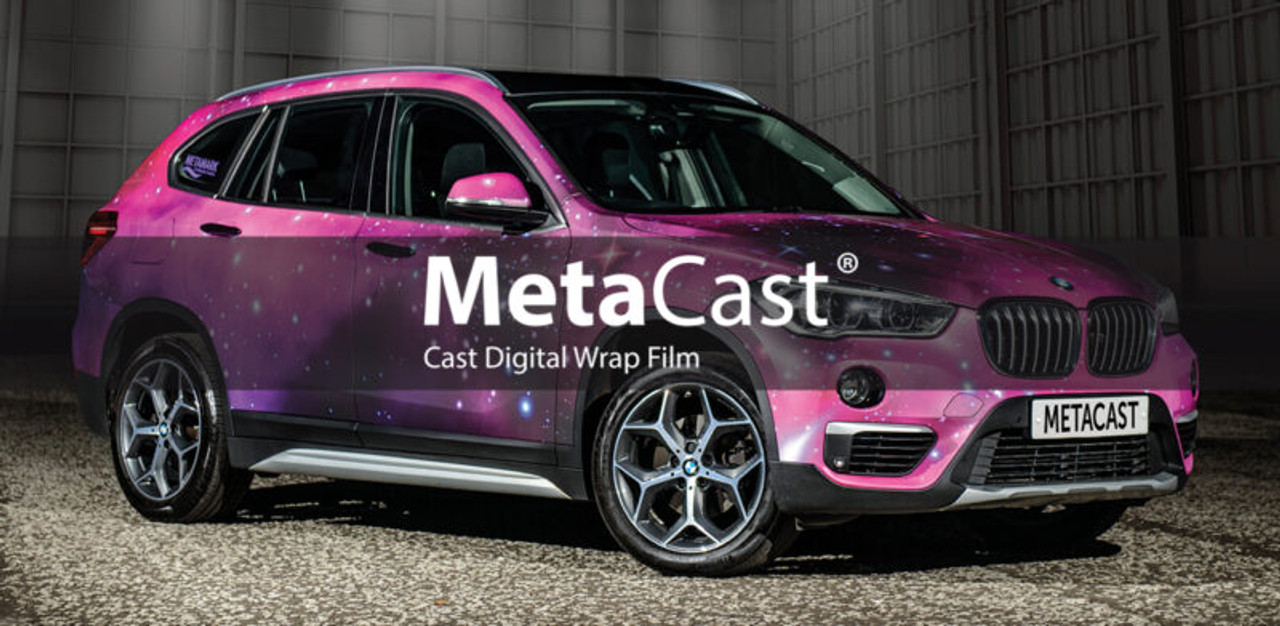 A stunning vehicle wrap showcasing MetaCast® MDC – Performance Redefined Digital Cast Film applied to a sleek car. The vibrant, high-quality print on this premium cast film highlights the film's ability to conform to complex curves, contours, and channels of the car's body, ensuring a flawless, professional finish. The smooth, matte texture of the wrap reflects the film's superior repositionability and high adhesive strength. The MetaCast® MDC wrap enhances the vehicle’s appearance with sharp, vibrant colors, and the film’s ability to adhere seamlessly to challenging surfaces demonstrates its exceptional conformability and ease of application.