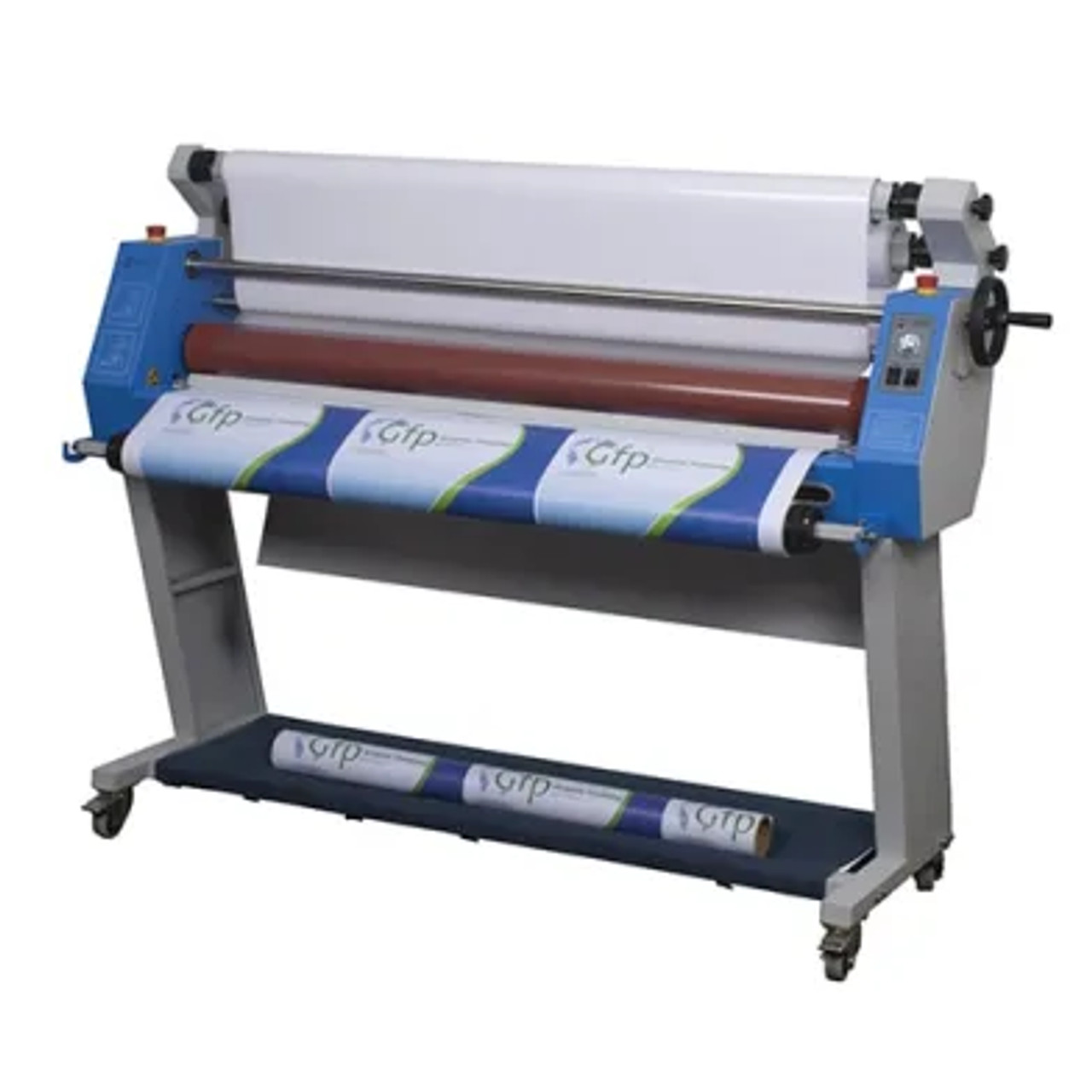 Gfp 255C 55-Inch Cold Laminator – Wide format pressure-sensitive laminator with foot pedal and rewind assembly for print finishing and sign applications.