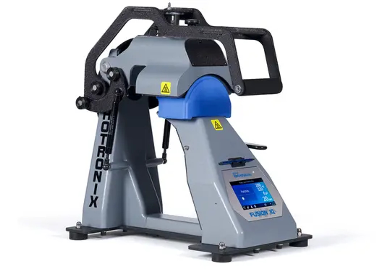 Hotronix 360 IQ® Hat Heat Press by Stahls' on a workbench – showing its curved dual-heated platens, touchscreen IQ® control panel, and premium steel construction, ideal for professional hat and cap decoration.