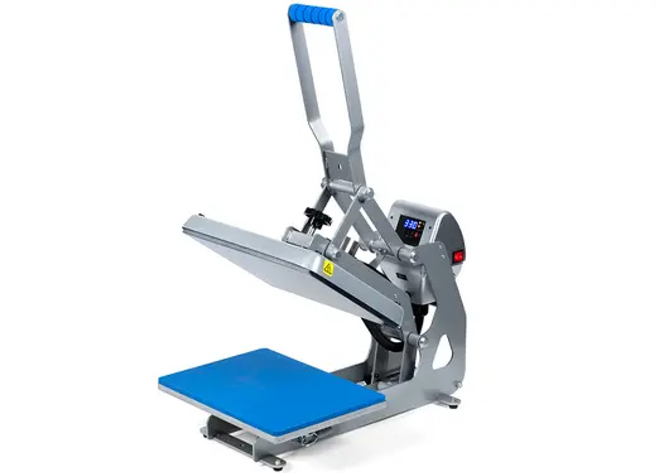 Hotronix Auto Clam Heat Press 11x15 by Stahls' displayed on a workspace with the clamshell open, showing the compact design, digital control panel, and heating platen.