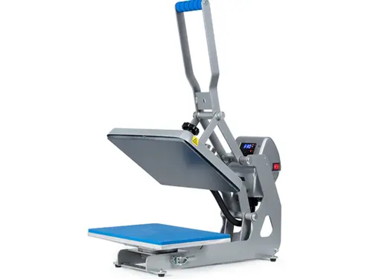 Hotronix Auto Clam Heat Press 11x15 by Stahls' displayed on a workspace with the clamshell open, showing the compact design, digital control panel, and heating platen.