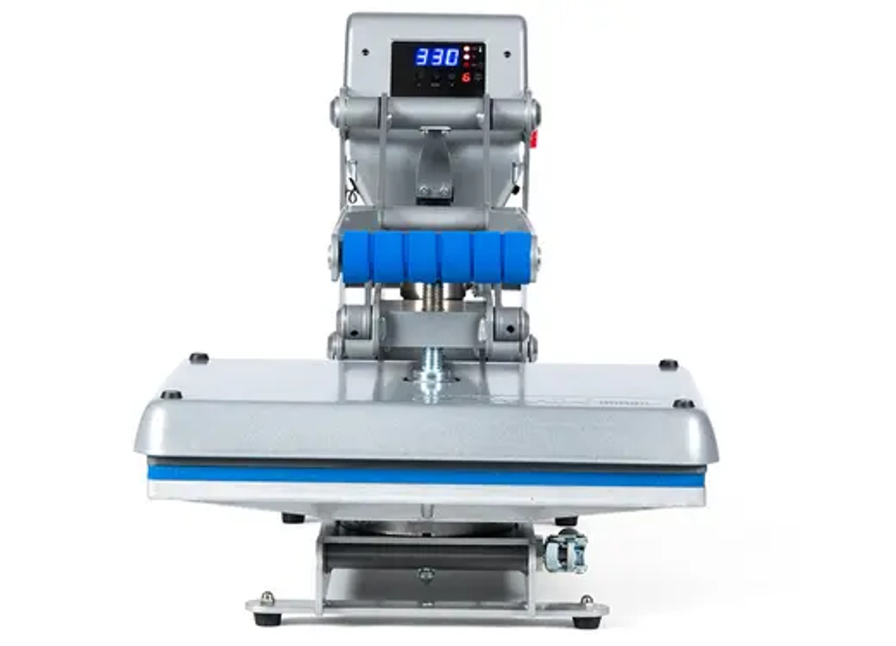 Hotronix Auto Clam Heat Press 11x15 by Stahls' displayed on a workspace with the clamshell open, showing the compact design, digital control panel, and heating platen.