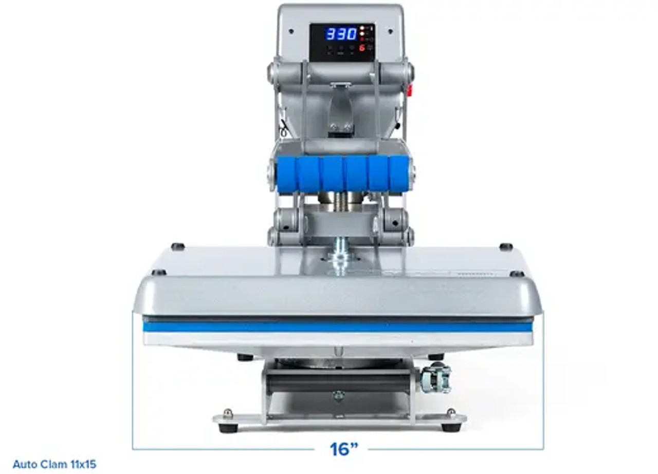 Hotronix Auto Clam Heat Press 11x15 by Stahls' displayed on a workspace with the clamshell open, showing the compact design, digital control panel, and heating platen.