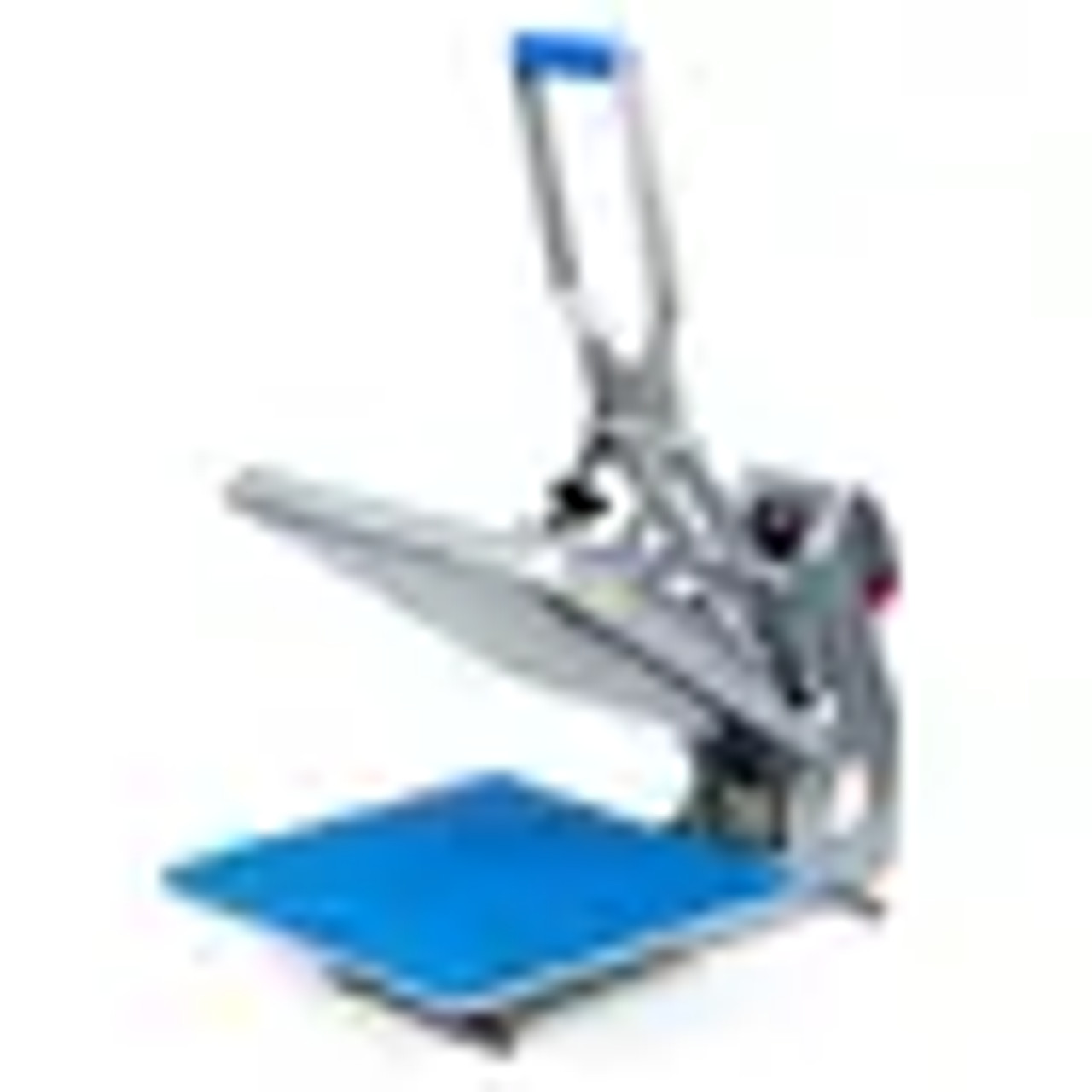 Hotronix Auto Clam Heat Press 16x16 by Stahls' shown on a shop bench, clamshell open, displaying its spacious platen, smart control panel, and rugged steel construction.
