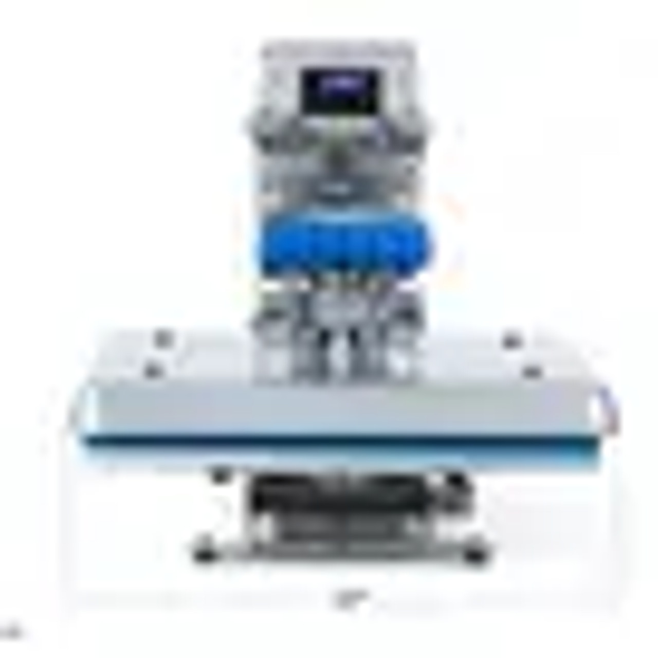 Hotronix Auto Clam Heat Press 16x16 by Stahls' shown on a shop bench, clamshell open, displaying its spacious platen, smart control panel, and rugged steel construction.