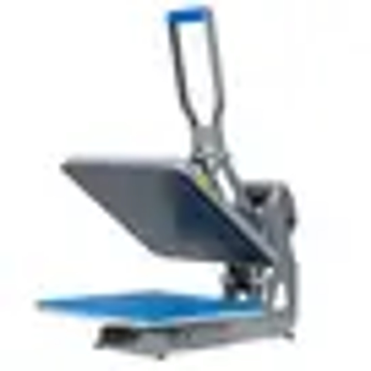 Hotronix Auto Clam Heat Press 16x16 by Stahls' shown on a shop bench, clamshell open, displaying its spacious platen, smart control panel, and rugged steel construction.