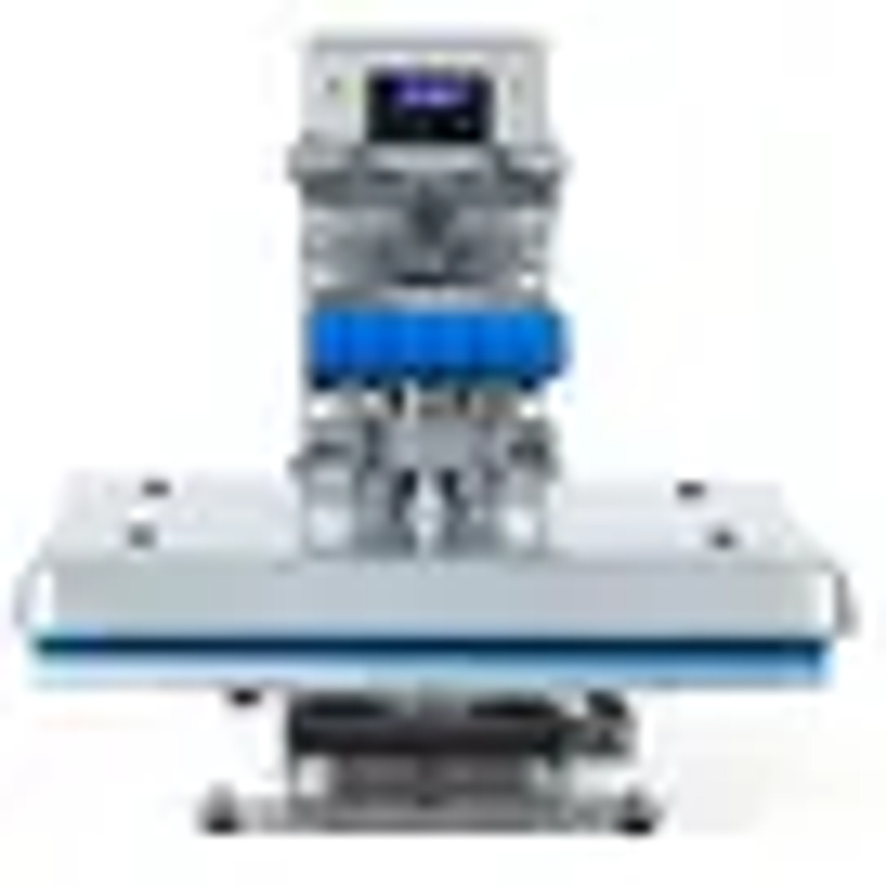 Hotronix Auto Clam Heat Press 16x16 by Stahls' shown on a shop bench, clamshell open, displaying its spacious platen, smart control panel, and rugged steel construction.