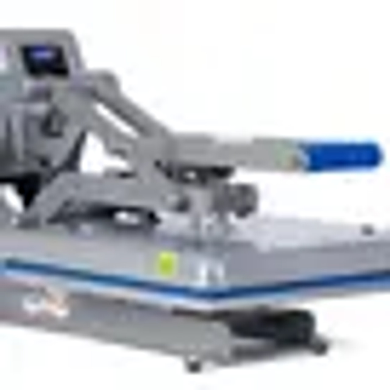 Hotronix Auto Clam Heat Press 16x16 by Stahls' shown on a shop bench, clamshell open, displaying its spacious platen, smart control panel, and rugged steel construction.