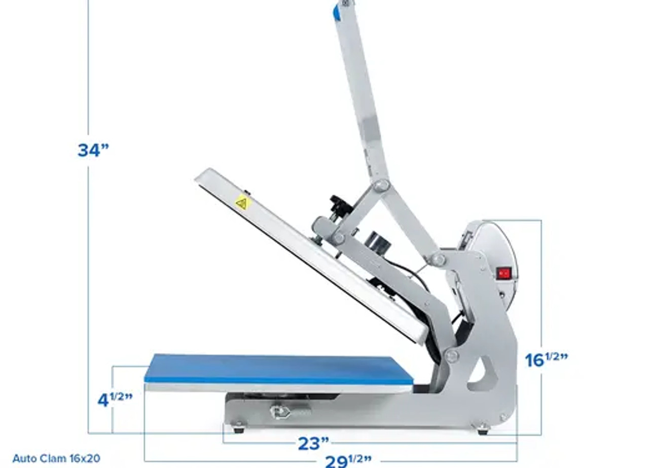 Hotronix® Auto Clam Heat Press 16x20 by Stahls' shown on a print shop table, clamshell open, highlighting its large platen, touchscreen controls, and rugged frame.
