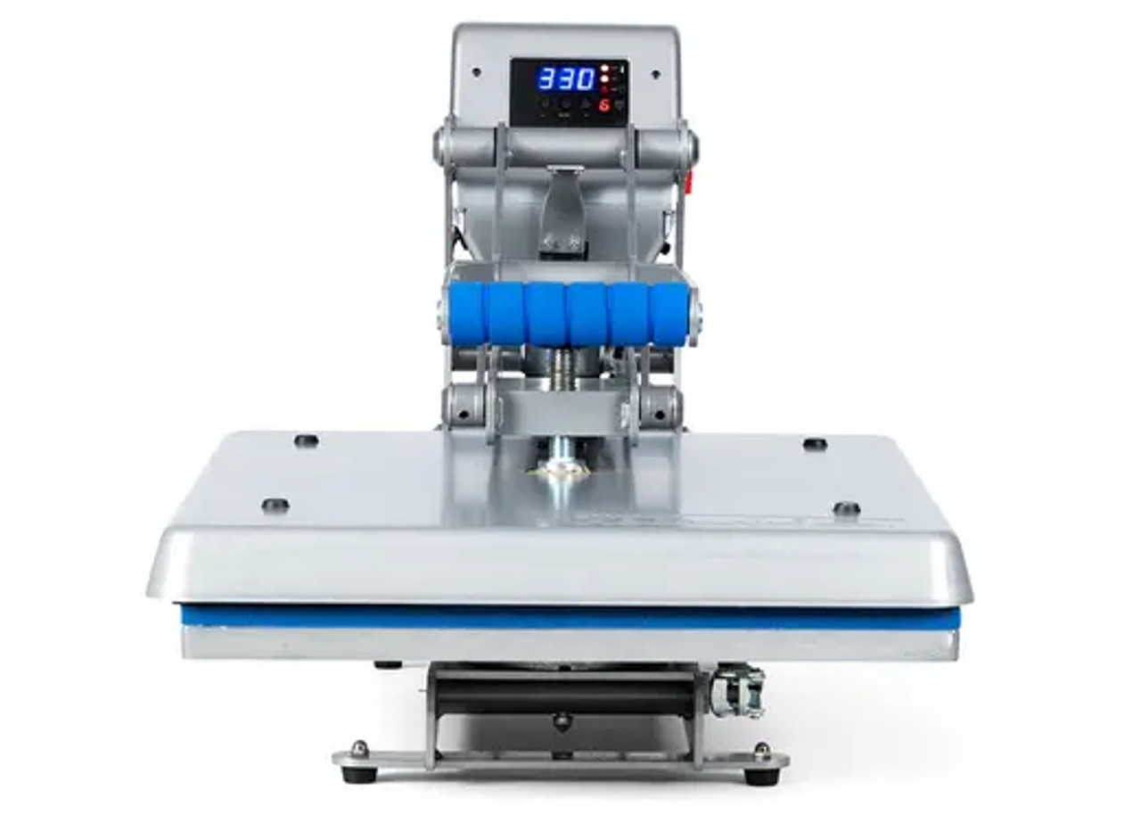 Hotronix® Auto Clam Heat Press 16x20 by Stahls' shown on a print shop table, clamshell open, highlighting its large platen, touchscreen controls, and rugged frame.