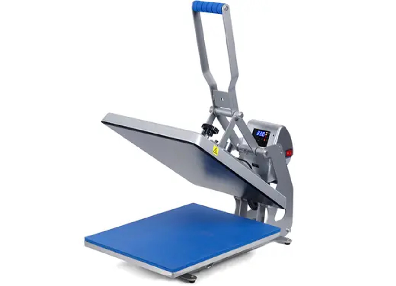 Hotronix® Auto Clam Heat Press 16x20 by Stahls' shown on a print shop table, clamshell open, highlighting its large platen, touchscreen controls, and rugged frame.