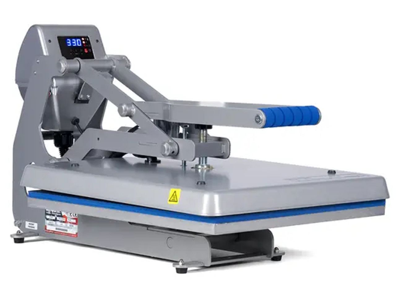 Hotronix® Auto Clam Heat Press 16x20 by Stahls' shown on a print shop table, clamshell open, highlighting its large platen, touchscreen controls, and rugged frame.