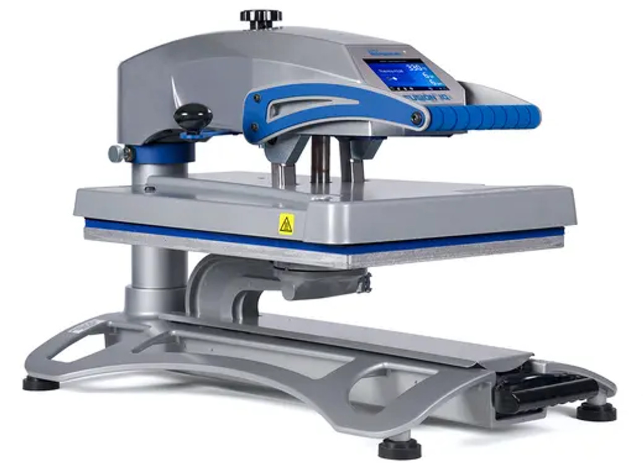 Hotronix Fusion IQ® Heat Press 16x20 by Stahls' on display with the swing-arm open, showing the large platen, smart touchscreen controls, and rugged construction.