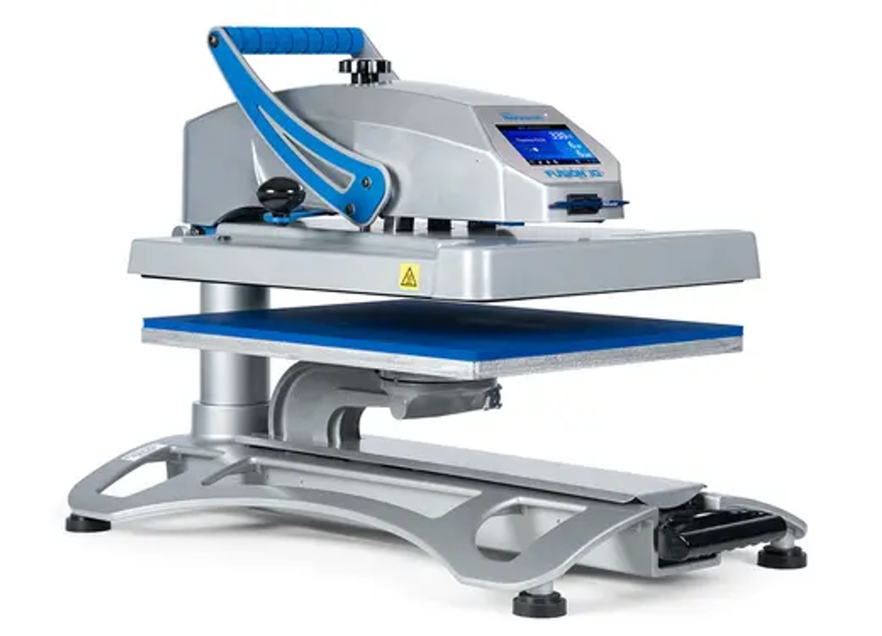Hotronix Fusion IQ® Heat Press 16x20 by Stahls' on display with the swing-arm open, showing the large platen, smart touchscreen controls, and rugged construction.