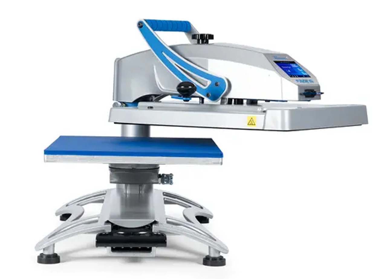 Hotronix Fusion IQ® Heat Press 16x20 by Stahls' on display with the swing-arm open, showing the large platen, smart touchscreen controls, and rugged construction.