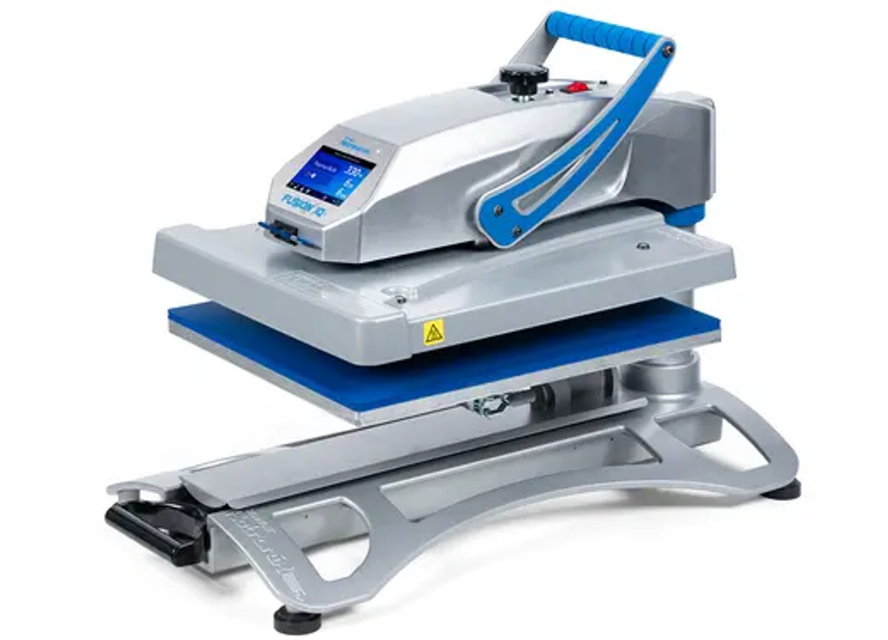 Hotronix Fusion IQ® Heat Press 16x20 by Stahls' on display with the swing-arm open, showing the large platen, smart touchscreen controls, and rugged construction.