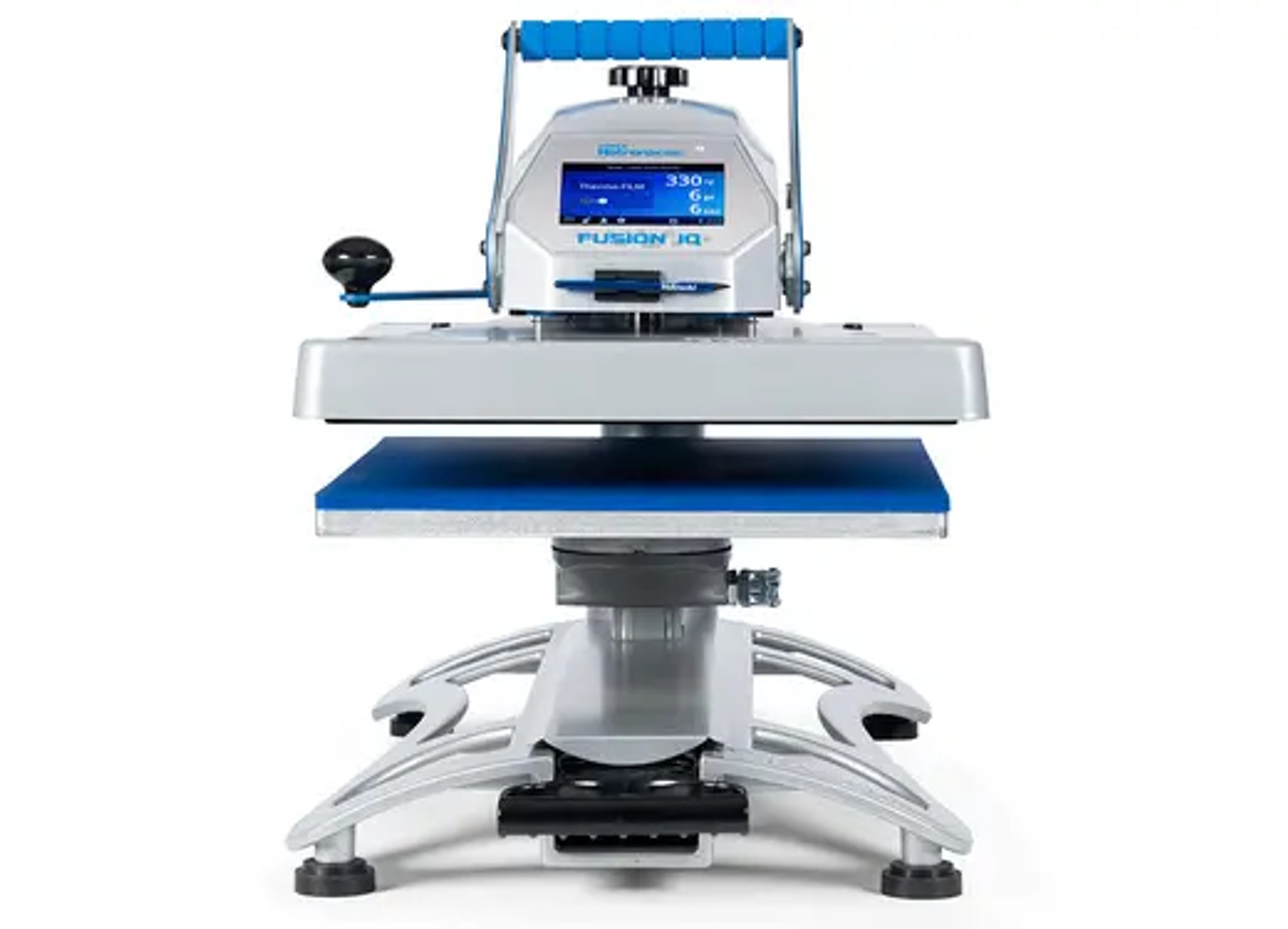 Hotronix Fusion IQ® Heat Press 16x20 by Stahls' on display with the swing-arm open, showing the large platen, smart touchscreen controls, and rugged construction.