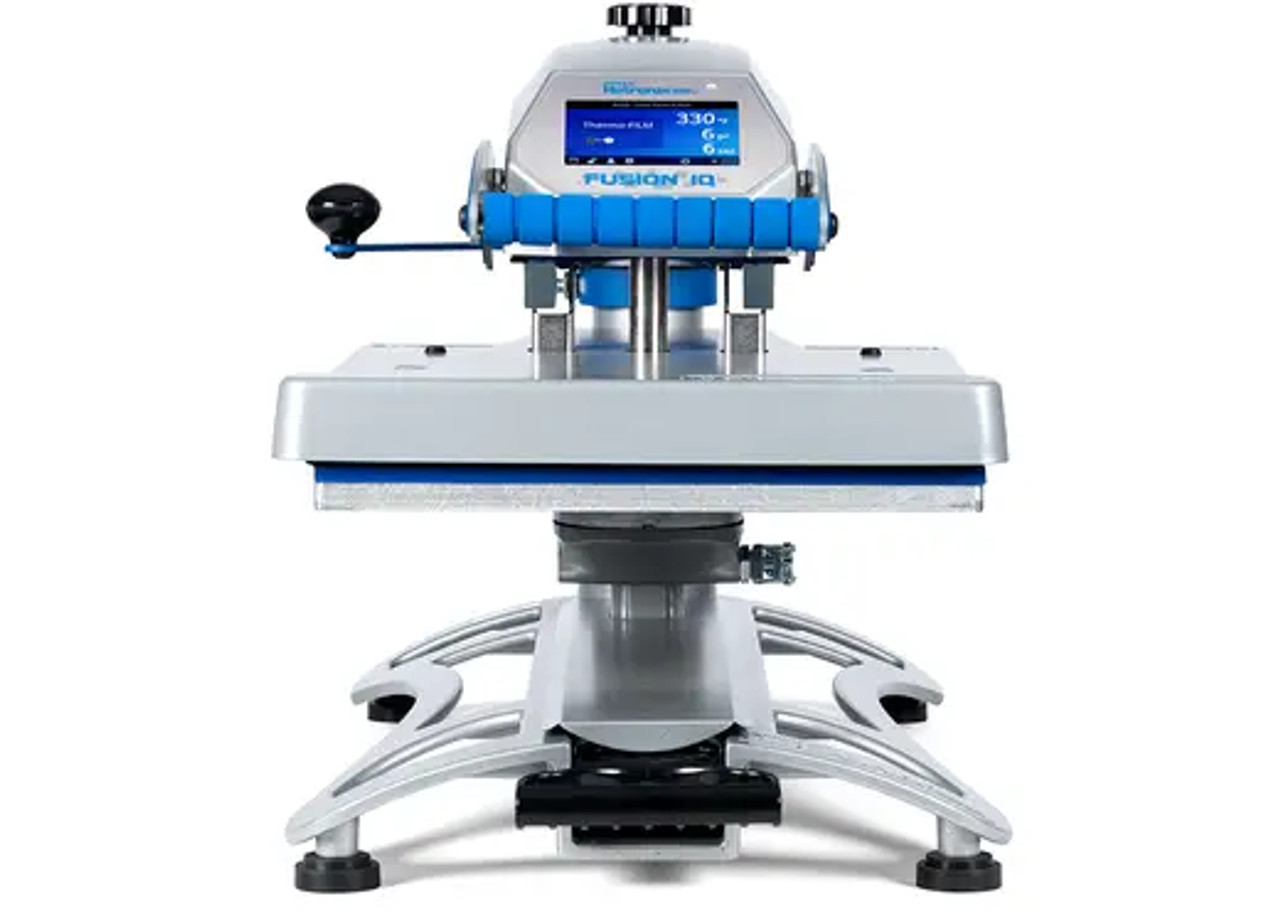 Hotronix Fusion IQ® Heat Press 16x20 by Stahls' on display with the swing-arm open, showing the large platen, smart touchscreen controls, and rugged construction.