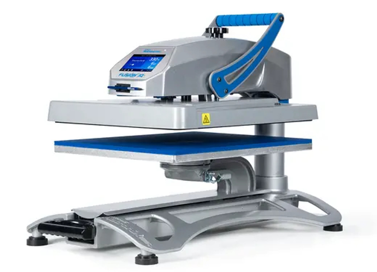 Hotronix Fusion IQ® Heat Press 16x20 by Stahls' on display with the swing-arm open, showing the large platen, smart touchscreen controls, and rugged construction.