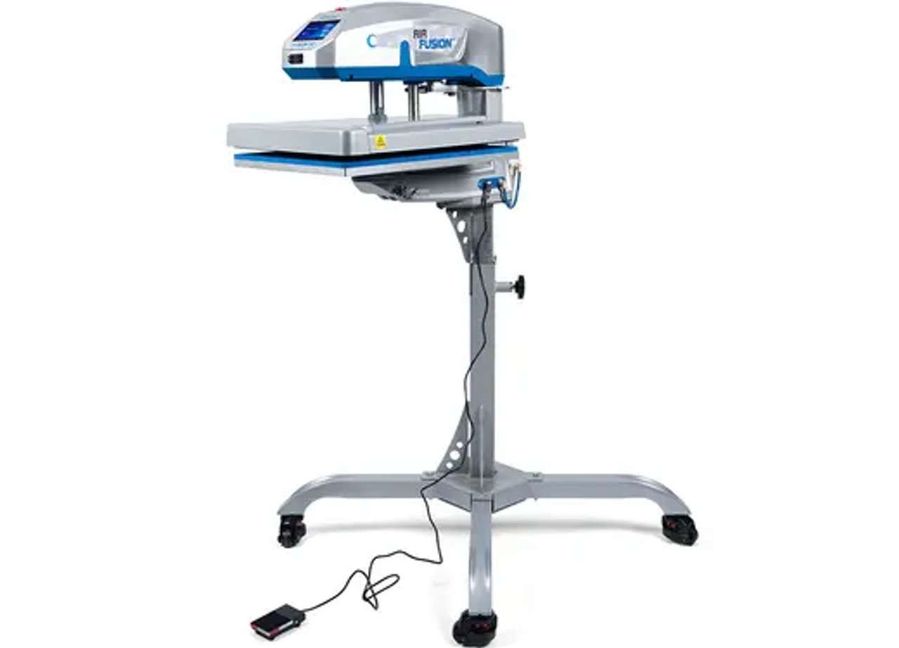 Hotronix® Air Fusion IQ® Heat Press 16x20 with pedestal base shown fully assembled in a print shop setting—highlighting the swing-style platen, IQ® touchscreen, and pedestal with locking wheels.