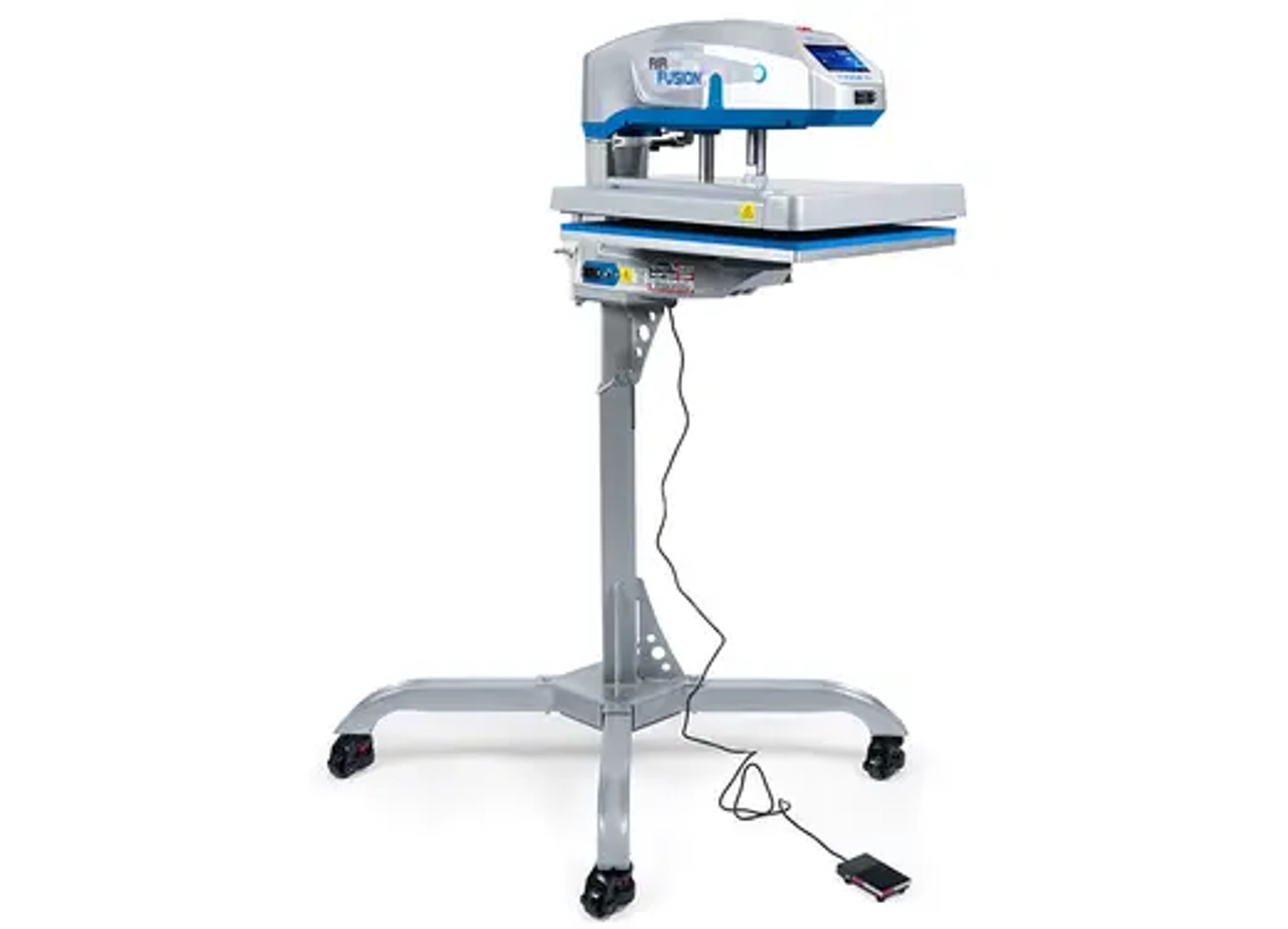 Hotronix® Air Fusion IQ® Heat Press 16x20 with pedestal base shown fully assembled in a print shop setting—highlighting the swing-style platen, IQ® touchscreen, and pedestal with locking wheels.