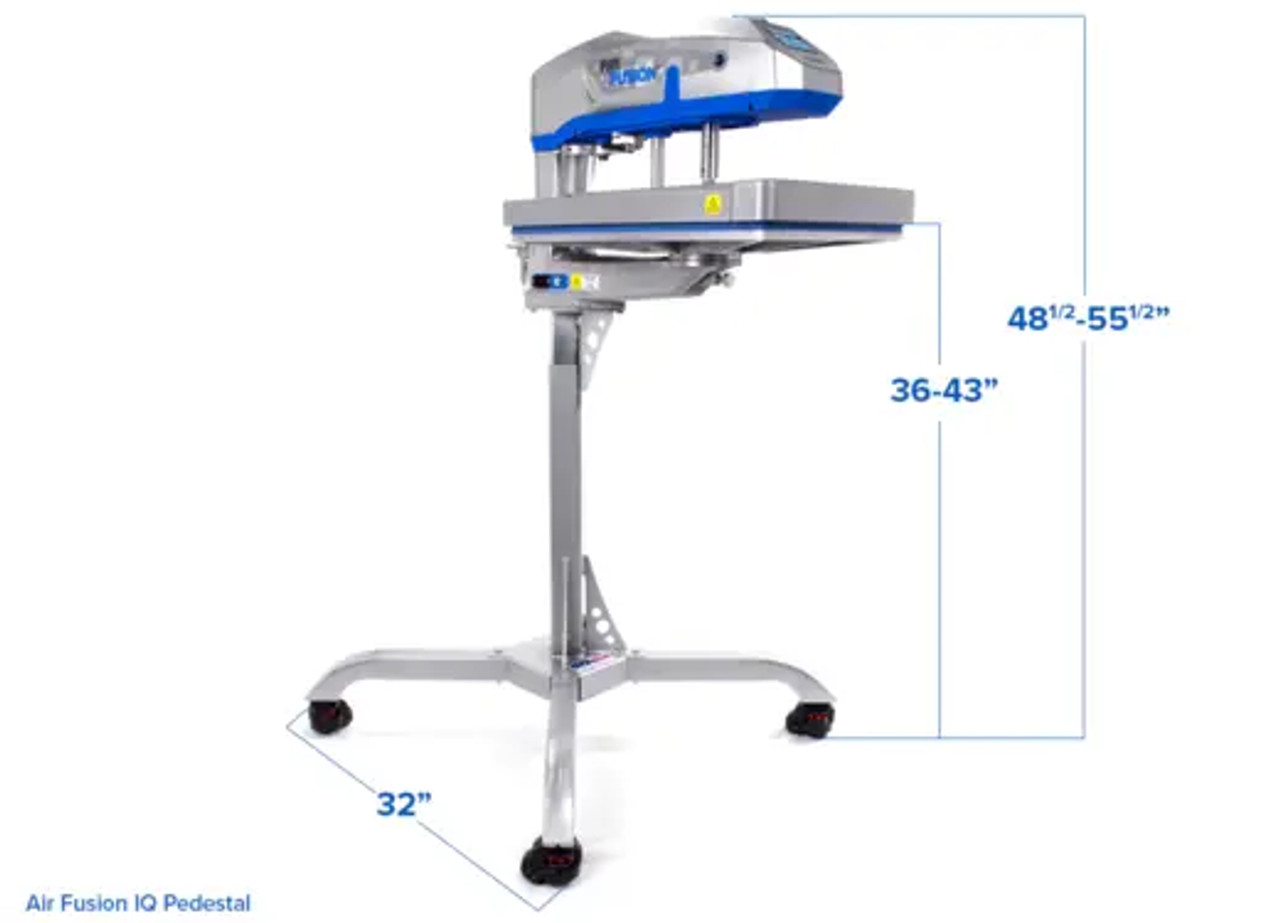 Hotronix® Air Fusion IQ® Heat Press 16x20 with pedestal base shown fully assembled in a print shop setting—highlighting the swing-style platen, IQ® touchscreen, and pedestal with locking wheels.