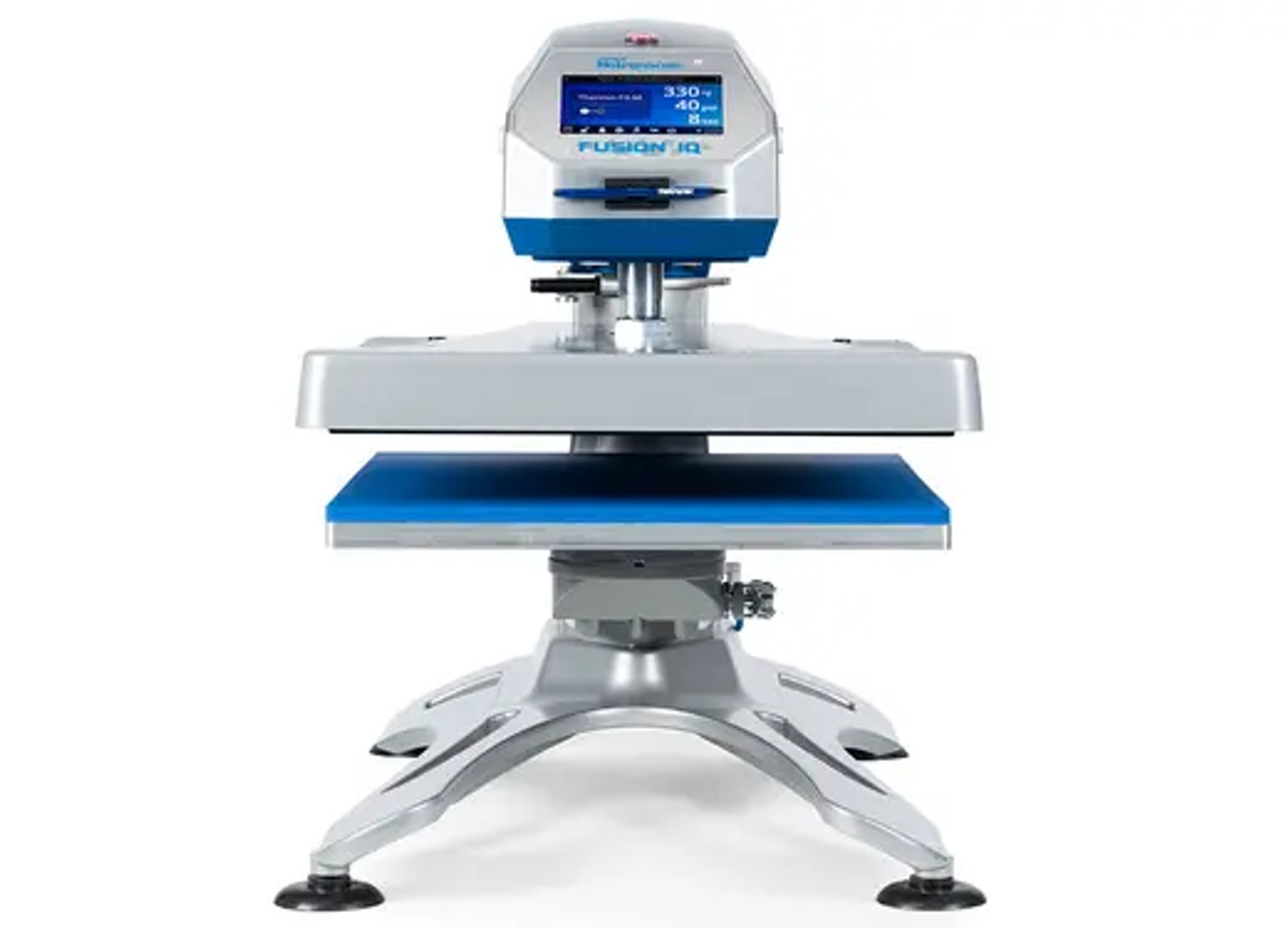 Hotronix® Air Fusion IQ® Tabletop Heat Press 16x20 by Stahls' displayed on a heavy-duty workstation—featuring swing-away design, IQ® touchscreen panel, and air-powered operation.