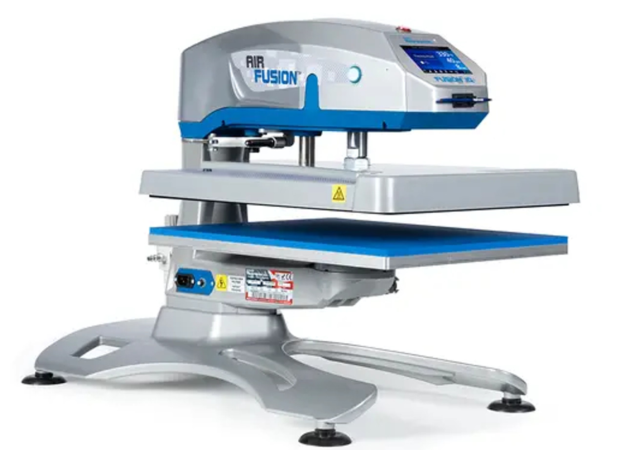 Hotronix® Air Fusion IQ® Tabletop Heat Press 16x20 by Stahls' displayed on a heavy-duty workstation—featuring swing-away design, IQ® touchscreen panel, and air-powered operation.