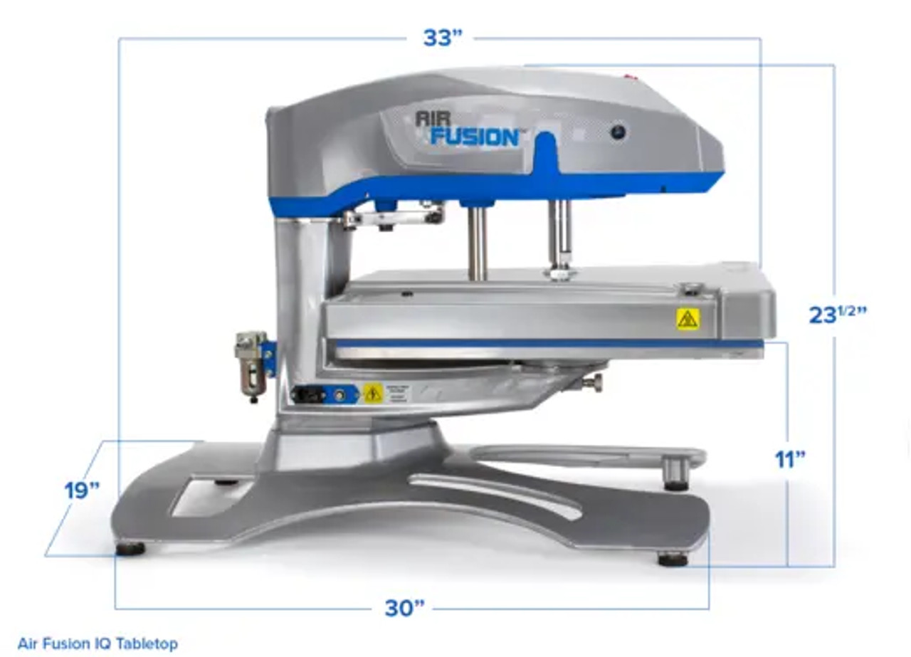 Hotronix® Air Fusion IQ® Tabletop Heat Press 16x20 by Stahls' displayed on a heavy-duty workstation—featuring swing-away design, IQ® touchscreen panel, and air-powered operation.