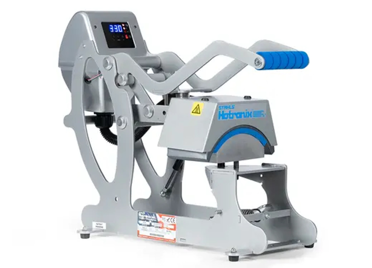 Hotronix® Cap Heat Press by Stahls' shown with its curved lower platen and compact clamshell design, ideal for customizing hats and caps.