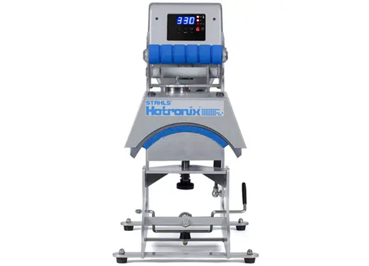 Hotronix® Cap Heat Press by Stahls' shown with its curved lower platen and compact clamshell design, ideal for customizing hats and caps.