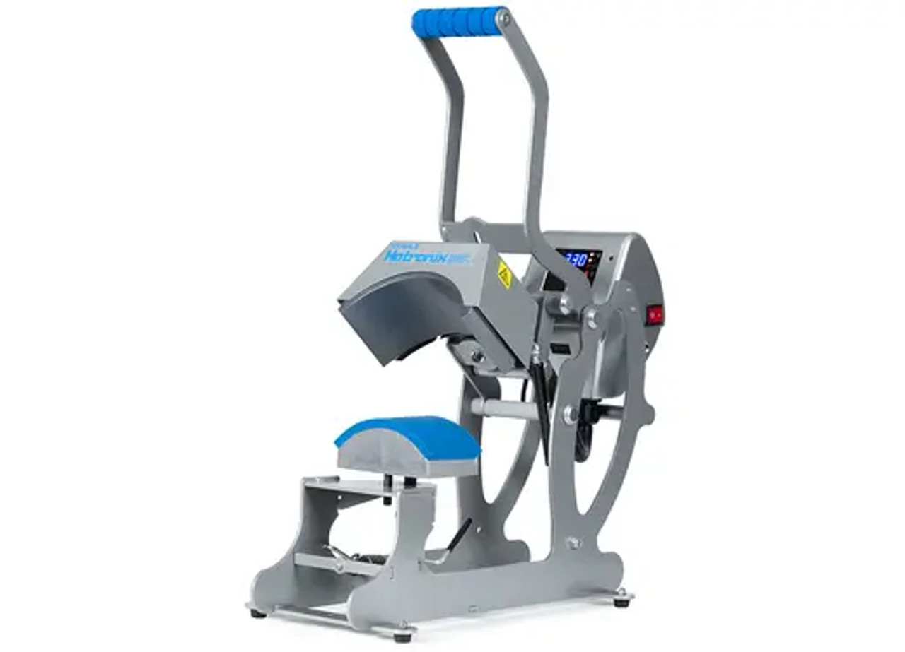 Hotronix® Cap Heat Press by Stahls' shown with its curved lower platen and compact clamshell design, ideal for customizing hats and caps.