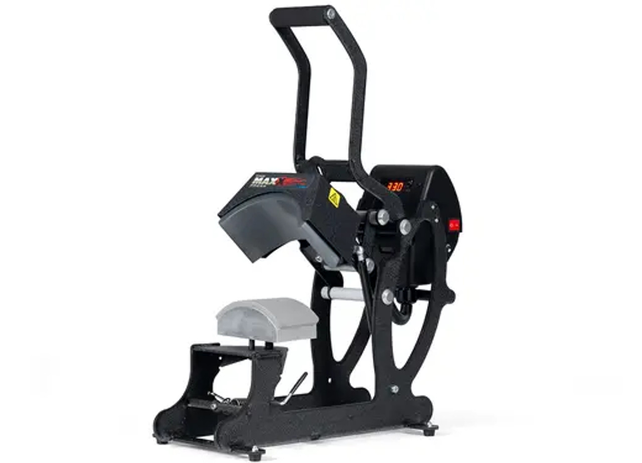 The MAXX® Cap Heat Press by Stahls' shown on a worktable with curved lower platen and digital controls—ideal for customizing hats and caps with ease.