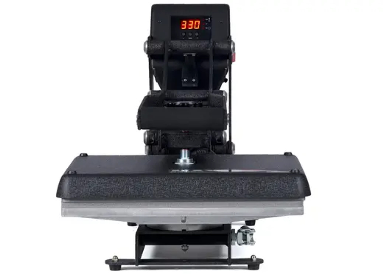 The MAXX® Clam Heat Press 11x15 by Stahls' sitting on a worktable with clamshell open, showing the compact platen, digital control panel, and durable steel frame.