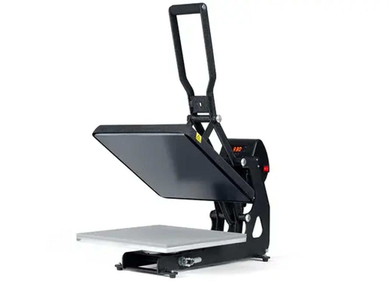 The MAXX® Clam Heat Press 15x15 by Stahls' shown open on a workstation, featuring the 15-inch platen, digital control panel, and sturdy steel frame.