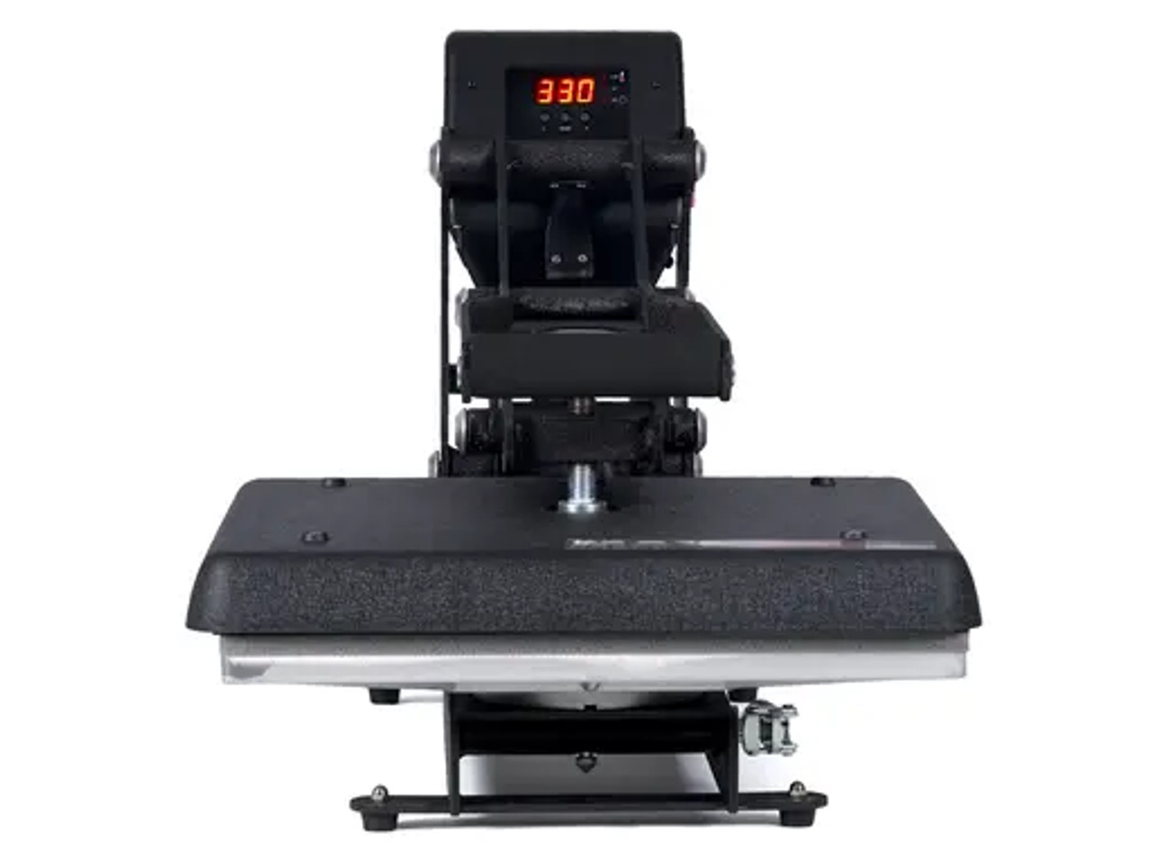 The MAXX® Clam Heat Press 15x15 by Stahls' shown open on a workstation, featuring the 15-inch platen, digital control panel, and sturdy steel frame.