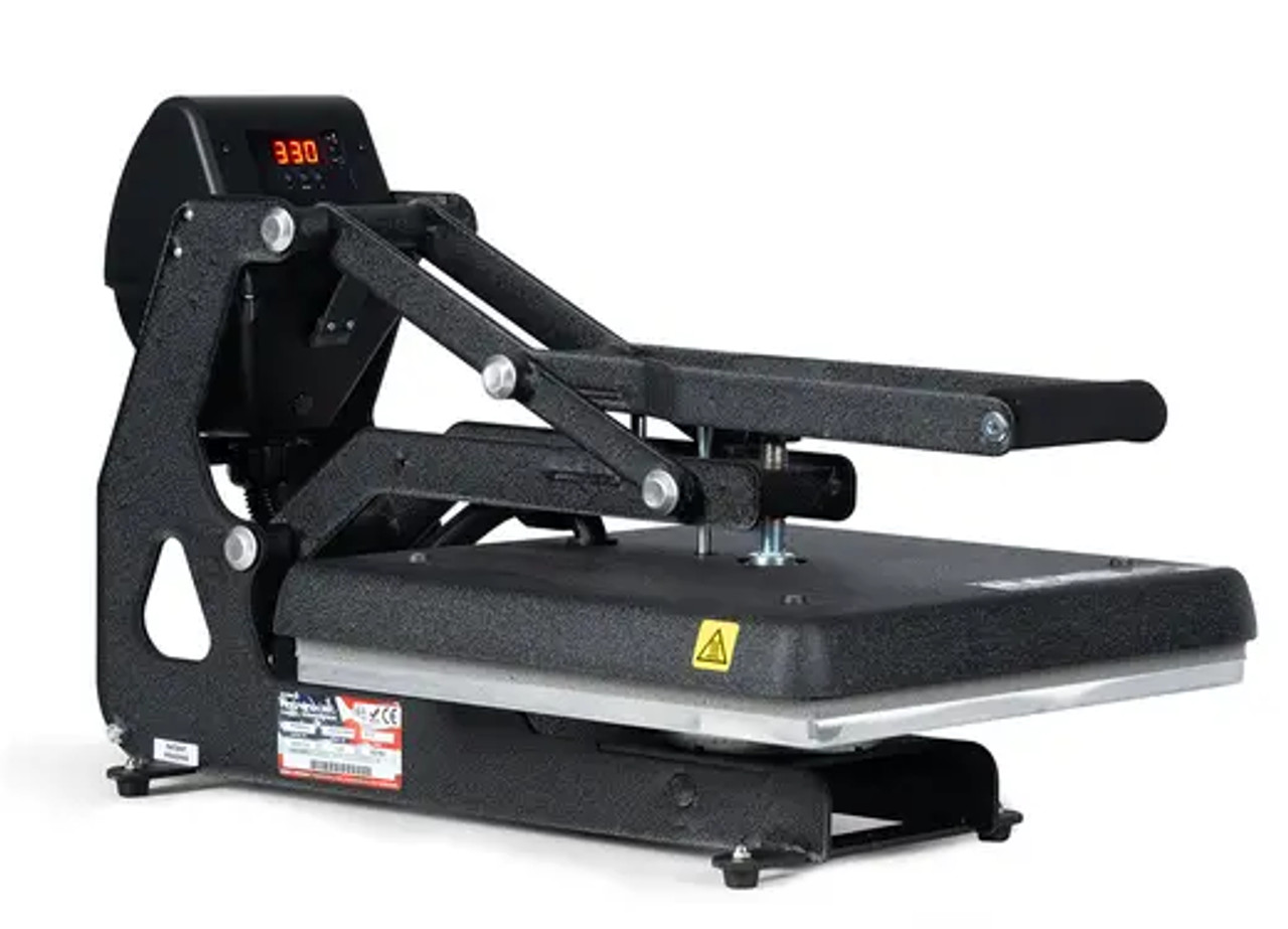 The MAXX® Clam Heat Press 15x15 by Stahls' shown open on a workstation, featuring the 15-inch platen, digital control panel, and sturdy steel frame.