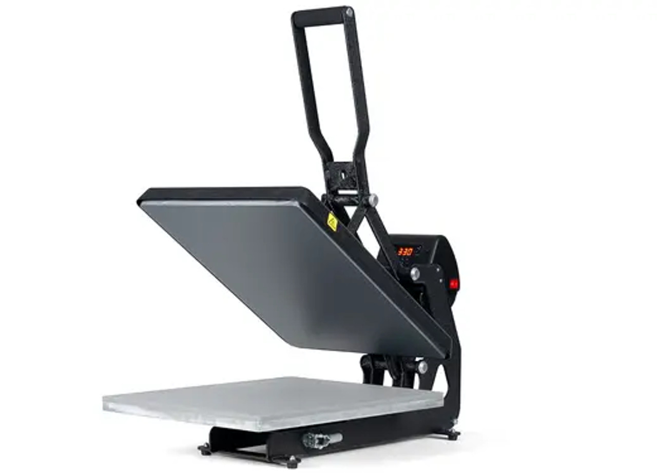 The MAXX® Clam Heat Press 16x20 by Stahls' shown open on a workbench—highlighting its large platen size, digital controls, and rugged clamshell frame.