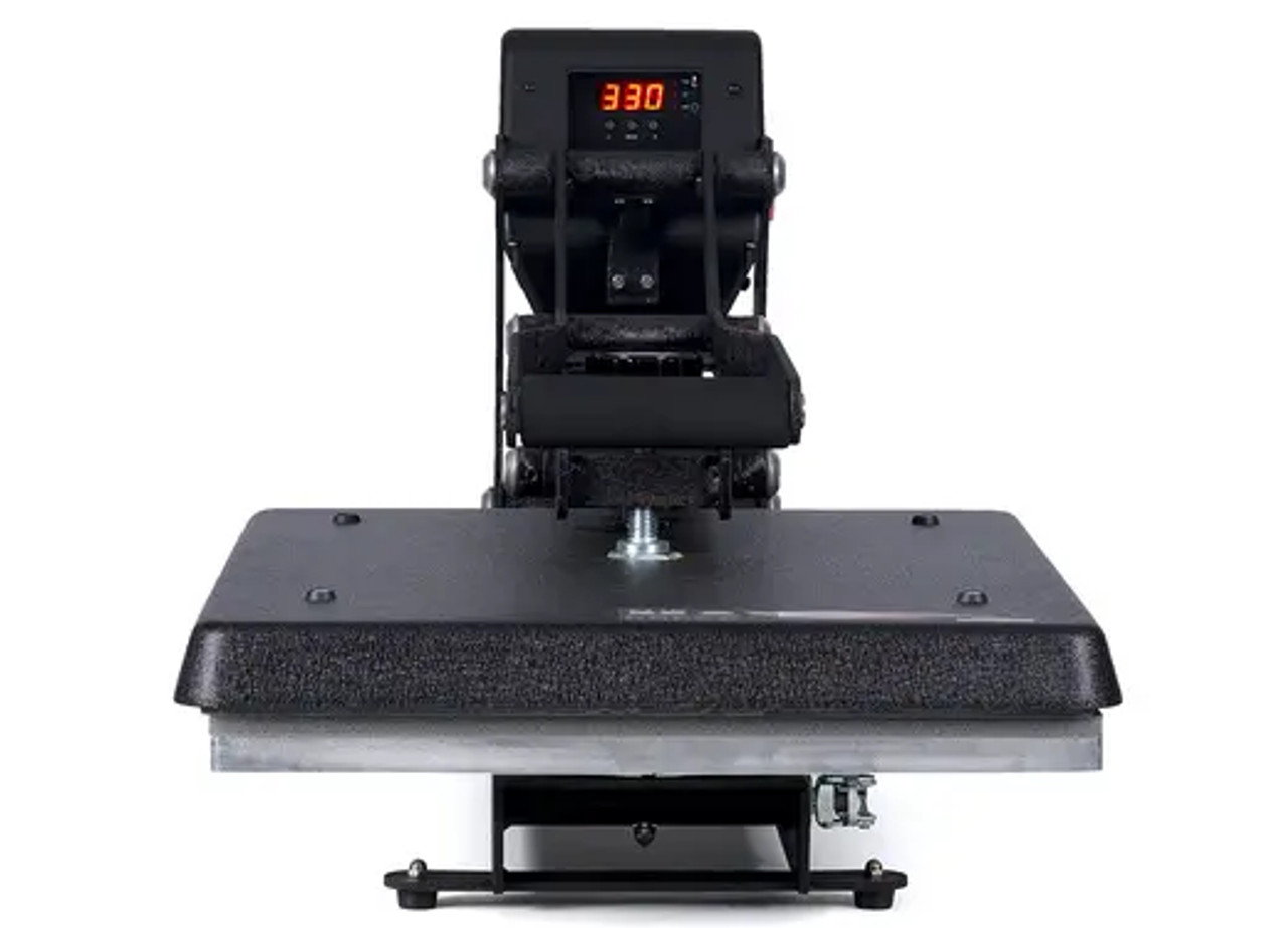 The MAXX® Clam Heat Press 16x20 by Stahls' shown open on a workbench—highlighting its large platen size, digital controls, and rugged clamshell frame.