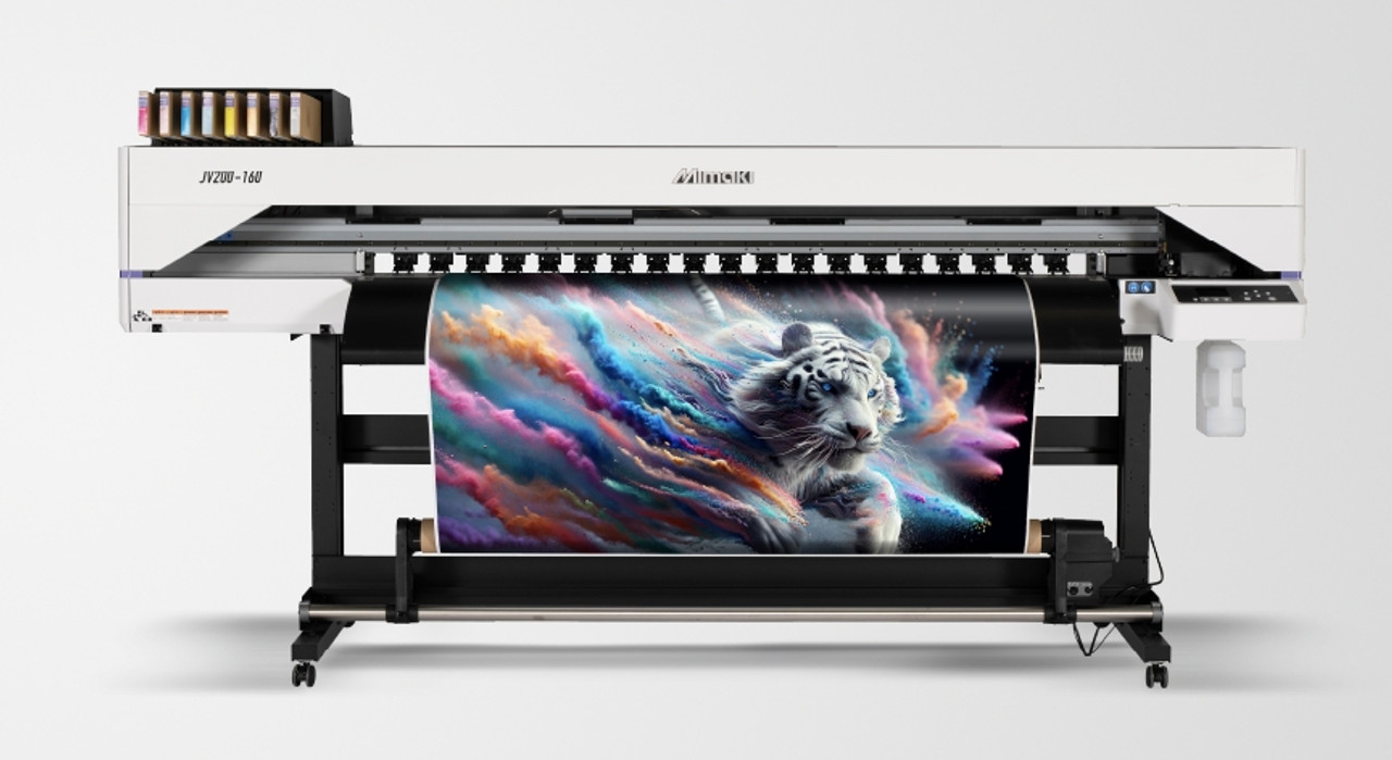 High-resolution image of the Mimaki JV200 Series printer in a production environment, showcasing its sleek design, media handling system, and vivid print output on wide-format roll media.
