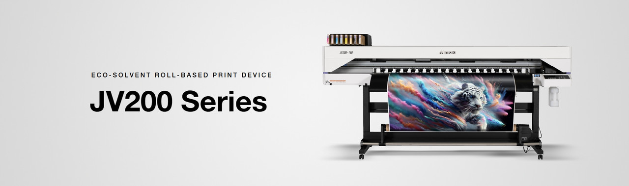High-resolution image of the Mimaki JV200 Series printer in a production environment, showcasing its sleek design, media handling system, and vivid print output on wide-format roll media.