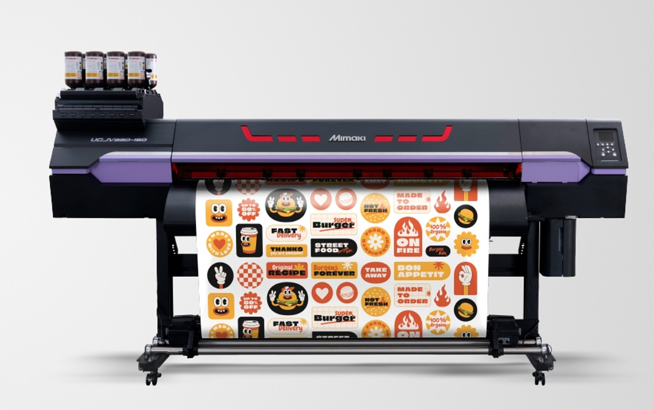 High-resolution image of the Mimaki UCJV330-160 UV-LED printer/cutter in a production setting, featuring a vivid backlit print output and roll media in use, showcasing its integrated print-and-cut functionality.