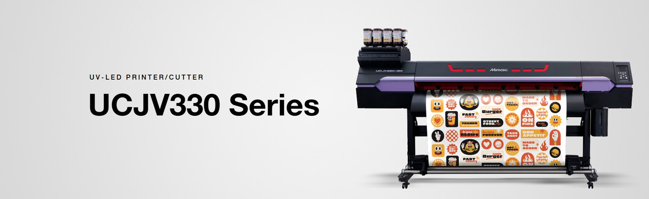 High-resolution image of the Mimaki UCJV330-160 UV-LED printer/cutter in a production setting, featuring a vivid backlit print output and roll media in use, showcasing its integrated print-and-cut functionality.