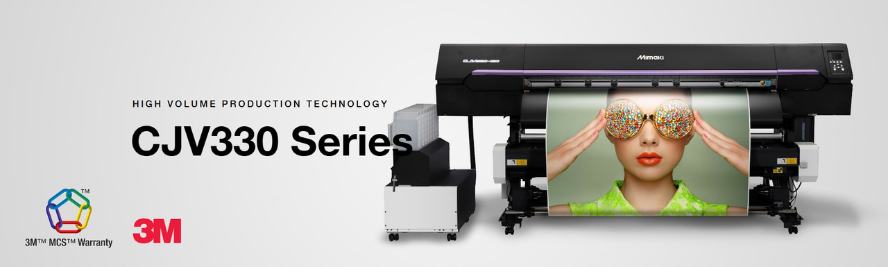 Professional studio image of the Mimaki CJV330-160 printer/cutter in action, showcasing vivid full-color prints and integrated contour cutting on wide-format roll media.