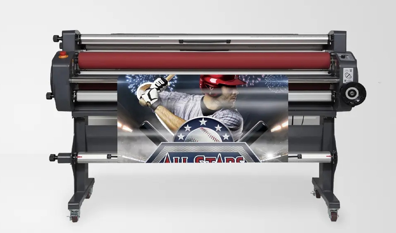 Image of the Mimaki LA-160W laminator in a production setting applying clear laminate to wide-format printed graphics, showing heated top roller and control panel interface.