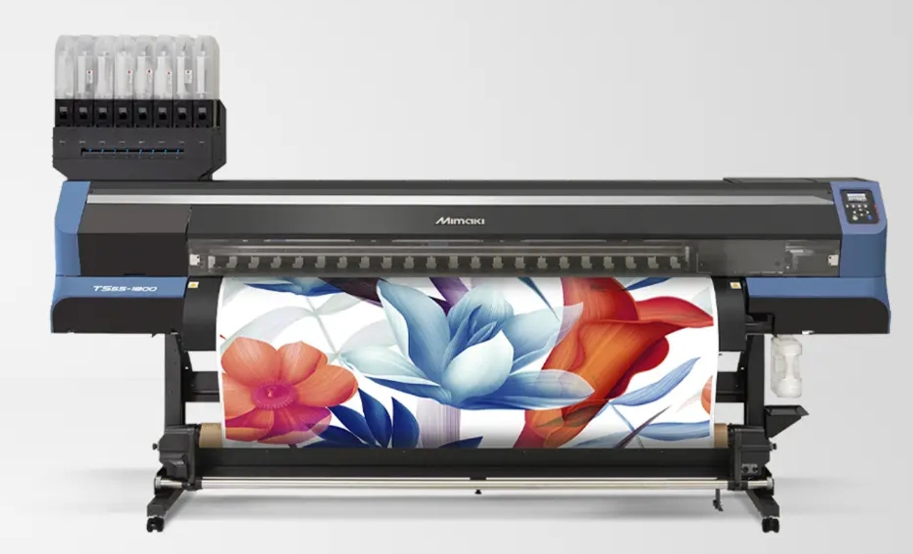 Image of the Mimaki TS55-1800 printing vibrant dye sublimation graphics on transfer paper, featuring jumbo roll feeding and industrial-grade output for textile production.